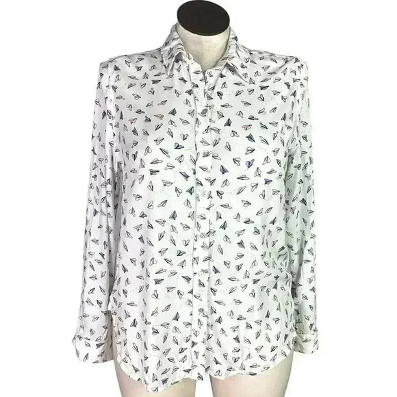 Jane and Delancey Top Women L White Multi Paper Airplane Button Up Blouse - Picture 1 of 9